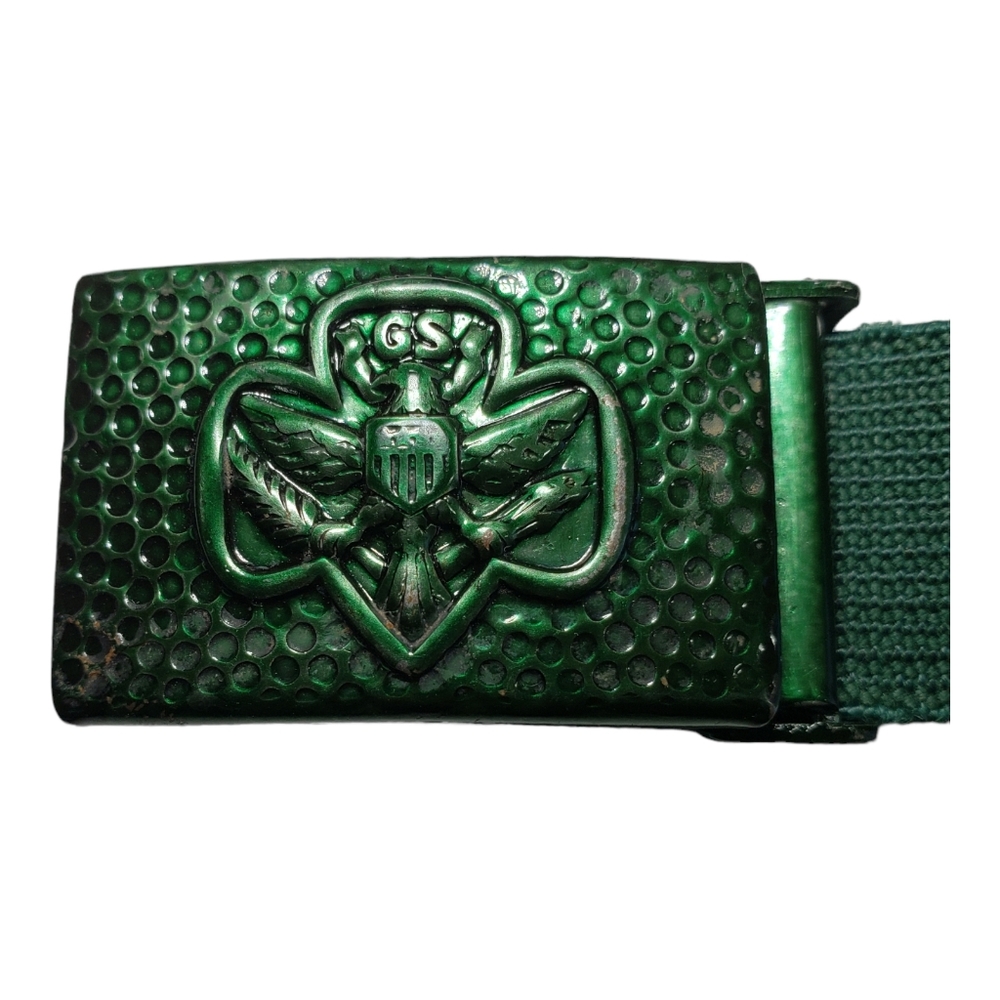 Vintage 1960'S Girl Scout Green Web Belt w/ Gunmetal Slide Stamped Buckle Small